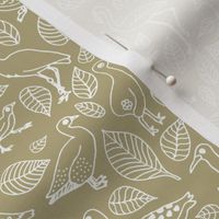 All the birds boho jungle paradise - seagulls flamingos heron duck and swans and leaves tropical island vibes freehand illustrated nursery design white on muddy sand brown