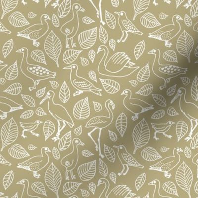 All the birds boho jungle paradise - seagulls flamingos heron duck and swans and leaves tropical island vibes freehand illustrated nursery design white on muddy sand brown