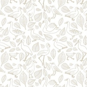 All the birds boho jungle paradise - seagulls flamingos heron duck and swans and leaves tropical island vibes freehand illustrated nursery design tan beige on white neutral