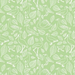 All the birds boho jungle paradise - seagulls flamingos heron duck and swans and leaves tropical island vibes freehand illustrated nursery design white on bright matcha green