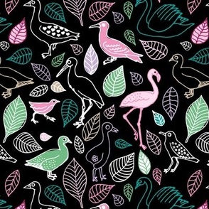 All the birds boho jungle paradise - seagulls flamingos heron duck and swans and leaves tropical island vibes freehand illustrated nursery design green pink white on black