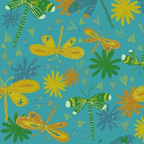 Yellow, pink and blue sketchy dragonflies in turquoise - retro
