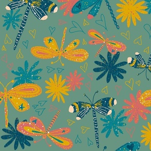 Yellow, pink and blue sketchy dragonflies in pastel green
