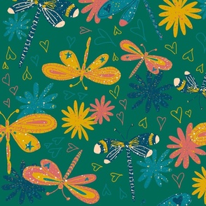 Yellow, pink and blue sketchy dragonflies in green