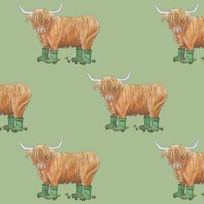 Highland Cow With Wellies on a Sage Green Background - Large Scale