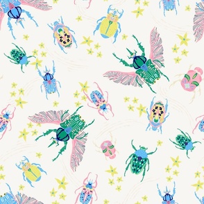 Brilliant Beetles and bugs bright blue yellow pink green on cream by Jac Slade