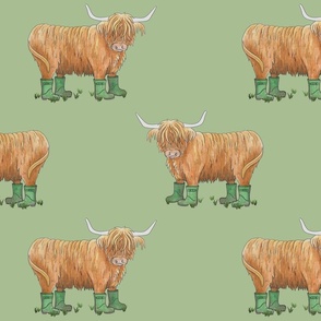 Highland Cow with Wellies (alternating) on a Sage Green Background - Large Scale