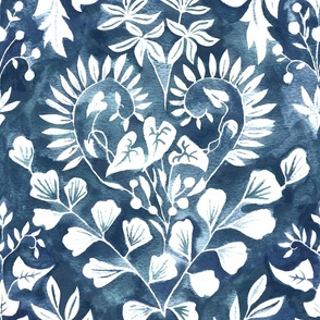 Negative Space Botanical Watercolor - Navy Blue - Large Scale