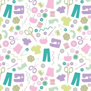 DIY fashion design - sewing icons and hand made clothes buttons scissors and thread and needles pink teal lime pink on white