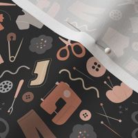 DIY fashion design - sewing icons and hand made clothes buttons scissors and thread and needles vintage seventies palette brown rust gray on black