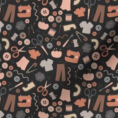 DIY fashion design - sewing icons and hand made clothes buttons scissors and thread and needles vintage seventies palette brown rust gray on black