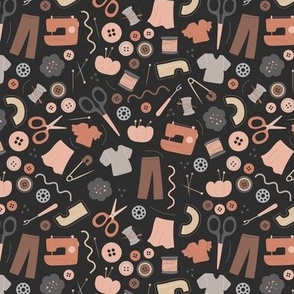 DIY fashion design - sewing icons and hand made clothes buttons scissors and thread and needles vintage seventies palette brown rust gray on black