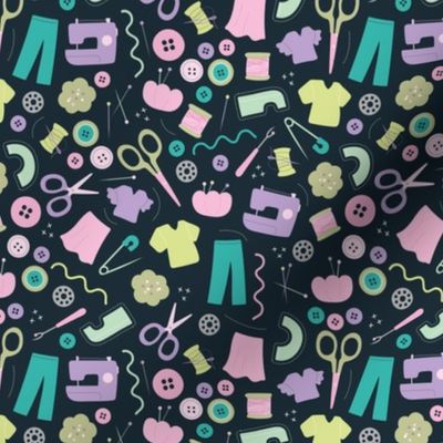 DIY fashion design - sewing icons and hand made clothes buttons scissors and thread and needles pink teal mint lilac on deep navy blue