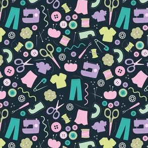 DIY fashion design - sewing icons and hand made clothes buttons scissors and thread and needles pink teal mint lilac on deep navy blue