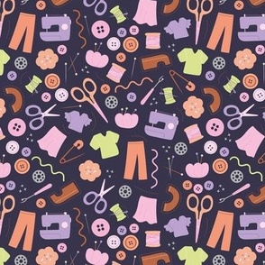 DIY fashion design - sewing icons and hand made clothes buttons scissors and thread and needles pink lilac lime orange on purple