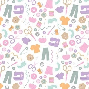 DIY fashion design - sewing icons and hand made clothes buttons scissors and thread and needles pink teal orange lilac on white