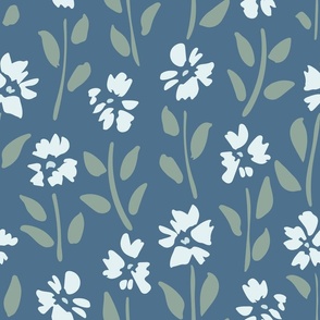 Simple Roughly painted floral - light blue, navy blue, light sage green // big scale