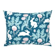 rabbits in the vegetable garden light pink on peacock blue | medium