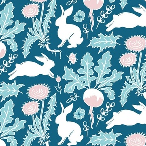 rabbits in the vegetable garden light pink on peacock blue | medium