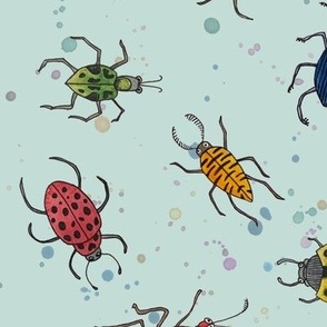 Watercolour Doodle Bugs - Sea Mist - large scale
