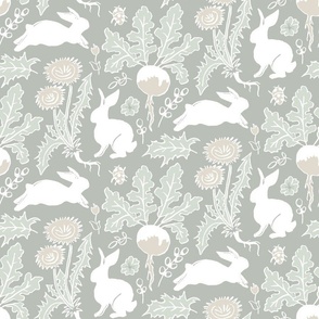 rabbits in the vegetable garden in neutral pastel colors | small