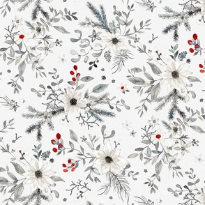 Vintage Christmas black and white classic winter watercolor floral medium