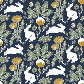 white rabbits in the vegetable garden on navy | small