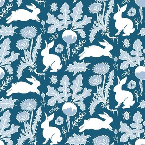 rabbits in the vegetable garden in blue and white | small