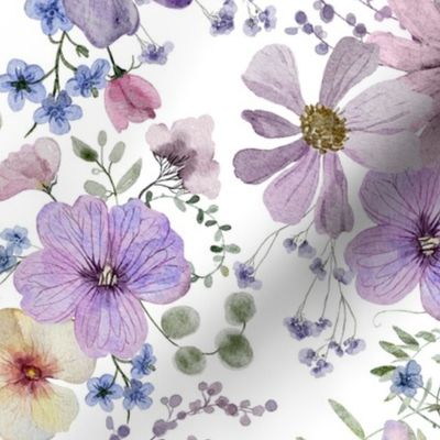 14" A beautiful cute purple midsummer dried flower garden with light purple and lavender wildflowers and grasses on white background- for home decor Baby Girl   and  nursery fabric perfect for kidsroom wallpaper,kids room