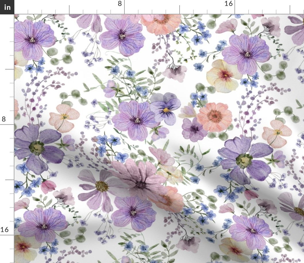 14" A beautiful cute purple midsummer dried flower garden with light purple and lavender wildflowers and grasses on white background- for home decor Baby Girl   and  nursery fabric perfect for kidsroom wallpaper,kids room