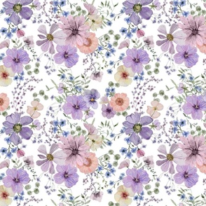 10" A beautiful cute purple midsummer dried flower garden with light purple and lavender wildflowers and grasses on white background- for home decor Baby Girl   and  nursery fabric perfect for kidsroom wallpaper,kids room