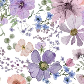 Turned left 18" A beautiful cute purple midsummer dried flower garden with light purple and lavender wildflowers and grasses on white background- for home decor Baby Girl   and  nursery fabric perfect for kidsroom wallpaper,kids room