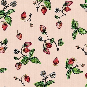 Vintage Strawberry plants summer fruits in watercolor  on LIGHT PEACH background