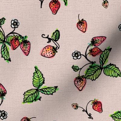 Vintage Strawberry plants summer fruits in watercolor  on OLD PINK background