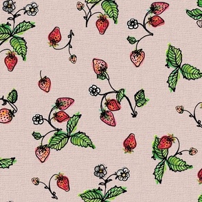 Vintage Strawberry plants summer fruits in watercolor  on OLD PINK background