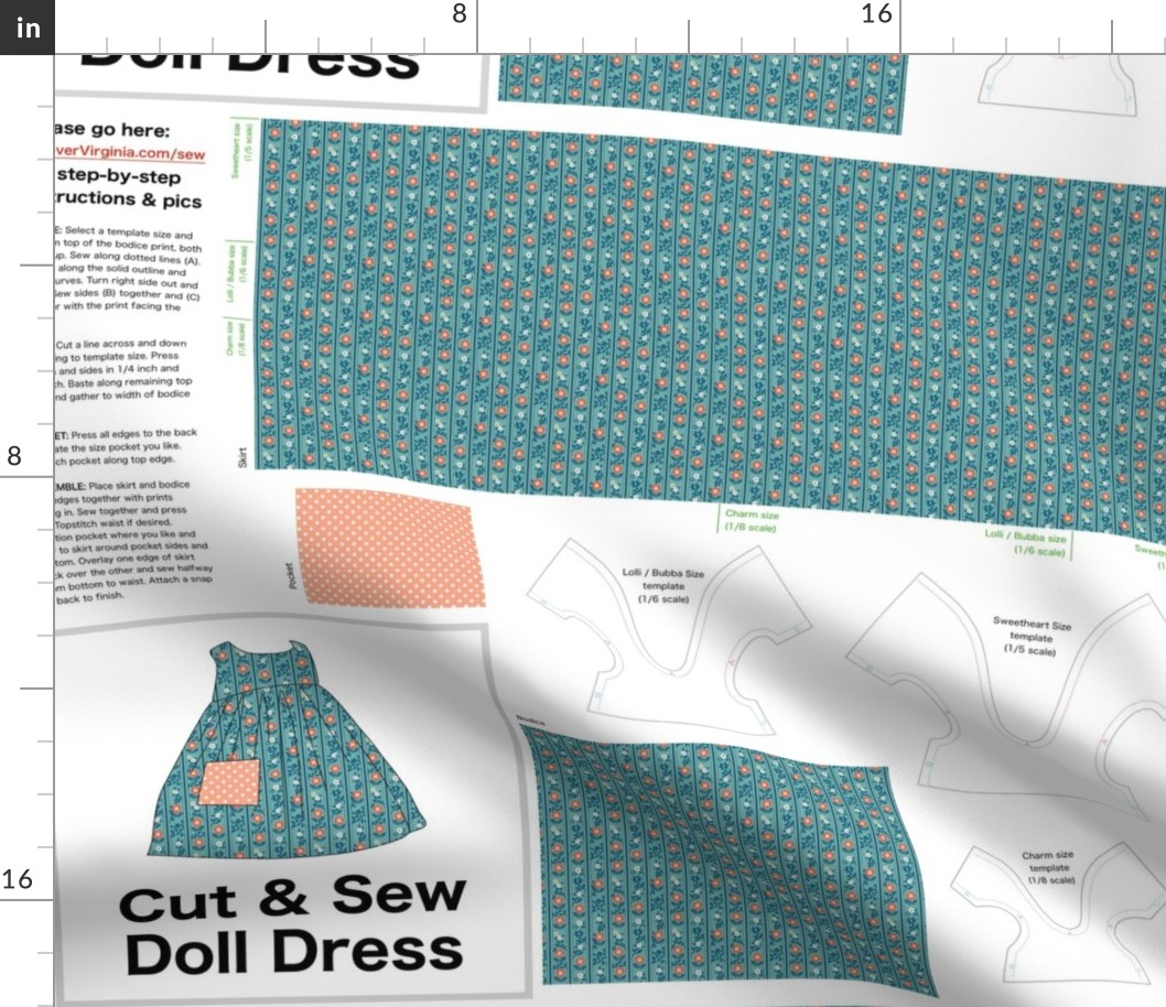 Cut & Sew Dress (Dollhouse print) on FAT QUARTER for Forever Virginia Dolls and other 1/8, 1/6 and 1/5 scale child dolls  // little small scale tiny mini micro doll 
