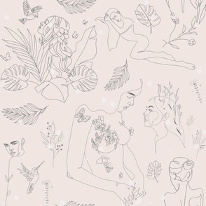 Sexy line drawn women and showers and birds wallpaper