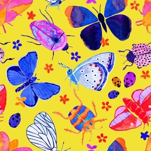 Bright watercolor bugs, butterflies, beetles - yellow citron background - moths, butterfly, ladybug - medium scale