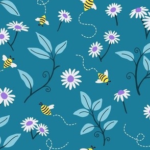 Bees Garden - Teal Blue Floral and Bee Design