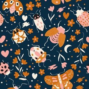 Cute bugs and moths on dark blue background