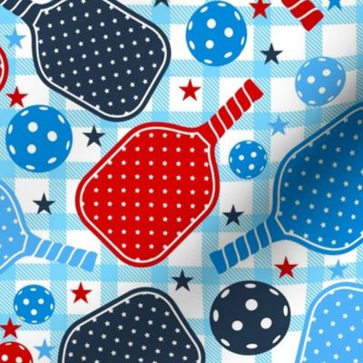 Large Scale Patriotic Red and Blue Pickleballs and Paddles 