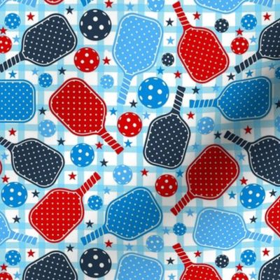 Medium Scale Patriotic Red and Blue Pickleballs and Paddles 