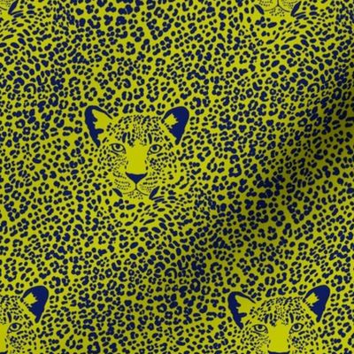 Spot the Leopard - Leopard in an ocean of spots - animal print - dark blue on cyber lime green evening primrose - extra small