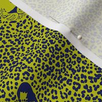 Spot the Leopard - Leopard in an ocean of spots - animal print - dark blue on cyber lime green evening primrose - extra small