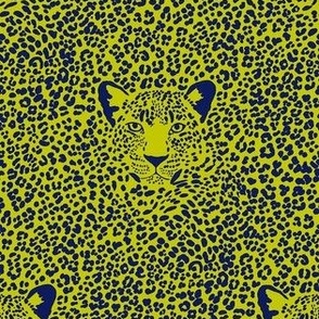 Spot the Leopard - Leopard in an ocean of spots - animal print - dark blue on cyber lime green evening primrose - extra small