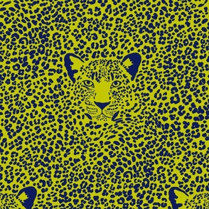 Spot the Leopard - Leopard in an ocean of spots - animal print - dark blue on cyber lime green evening primrose - medium
