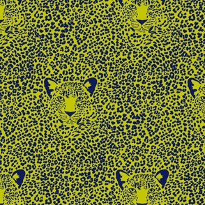 Spot the Leopard - Leopard in an ocean of spots - animal print - dark blue on cyber lime green evening primrose - small