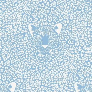 medium - Spot the Leopard - Leopard in an ocean of spots - animal print - soft white on Pantone TCX Clear Sky Blue