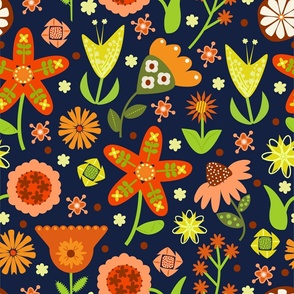 Scandinavian floral / dark blue / orange / large scale 