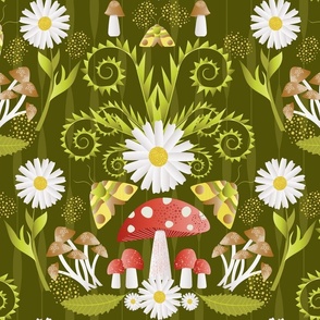 Garden / daisy / mushroom / green background / large scale